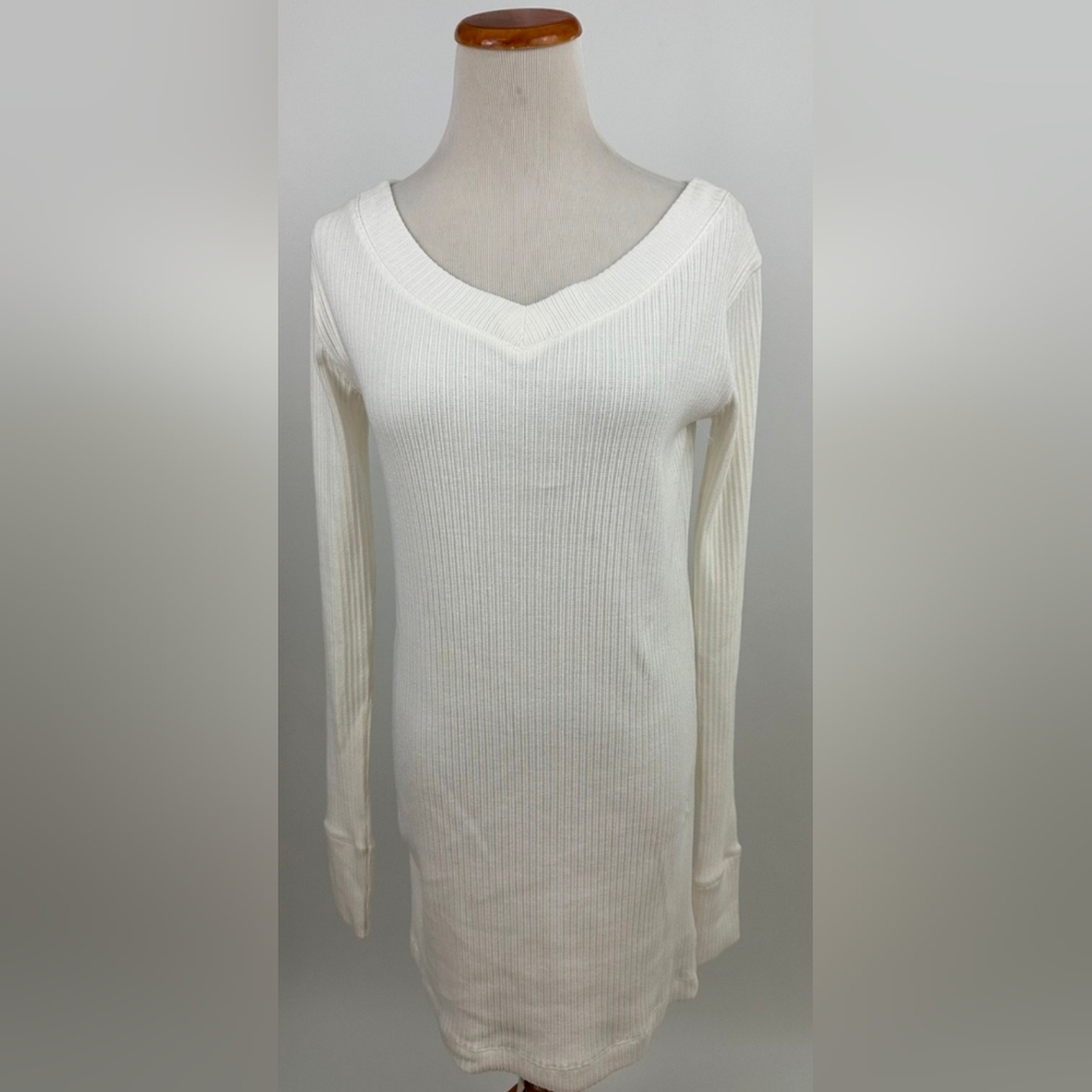 FP Beach Women's White Cotton Long Sleeve V-Neck Swim Cover Dress